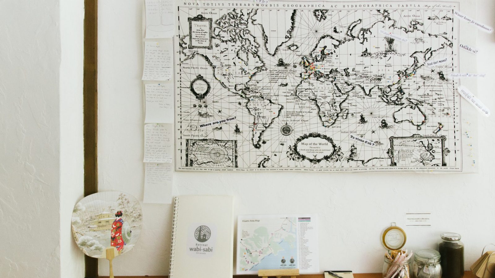 Make your mark on the "where are you from?" map in the kitchen at Retreat wabi-sabi